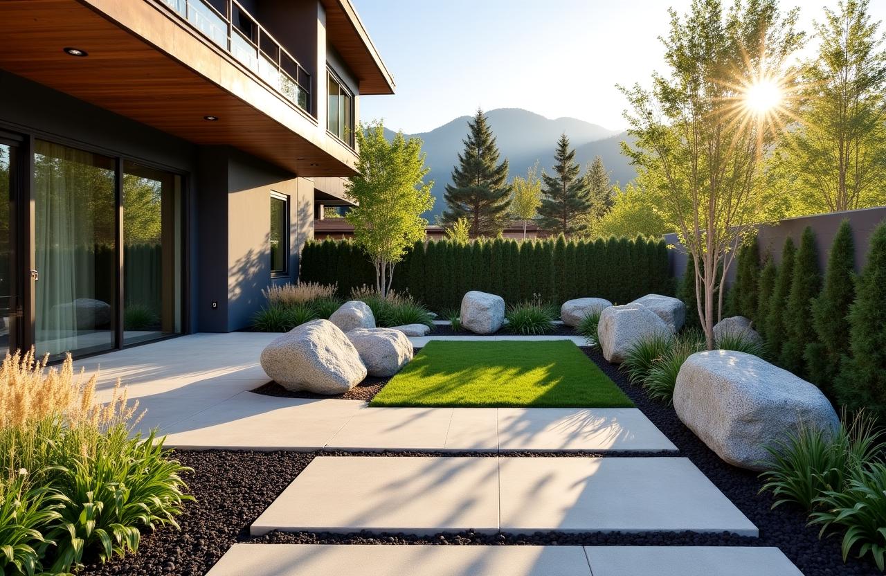 Un giardino urbano con elementi alpini e pietre naturali