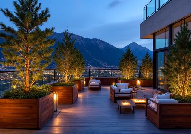 Terrazza ispirazione montagna con legno e verde