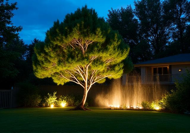 Sistema di illuminazione notturna in un giardino di montagna
